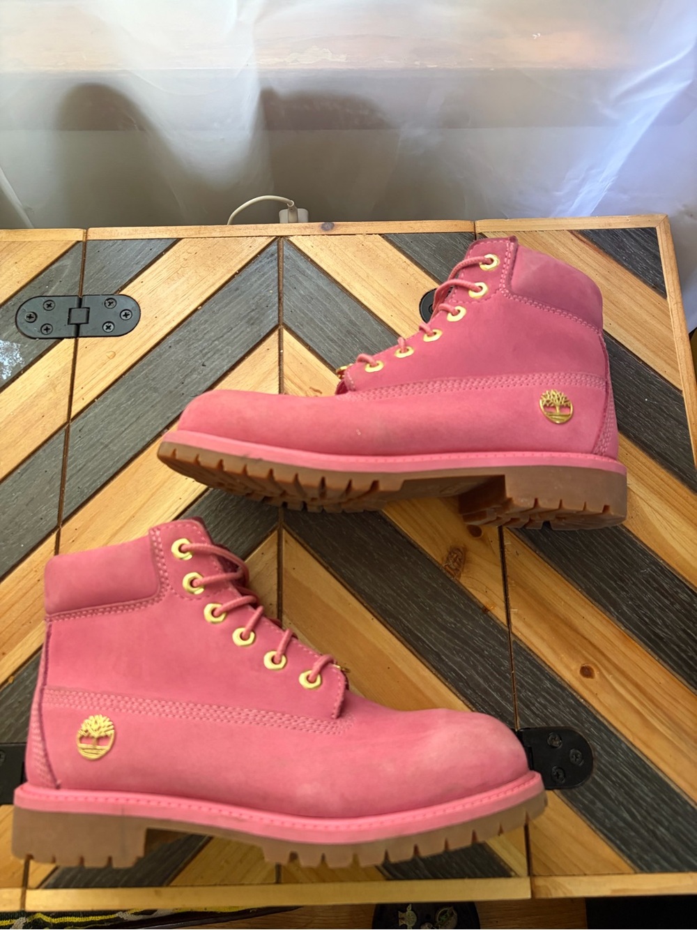 Timberland Pink Nubuck Lace-Up Boots with Gold Accents